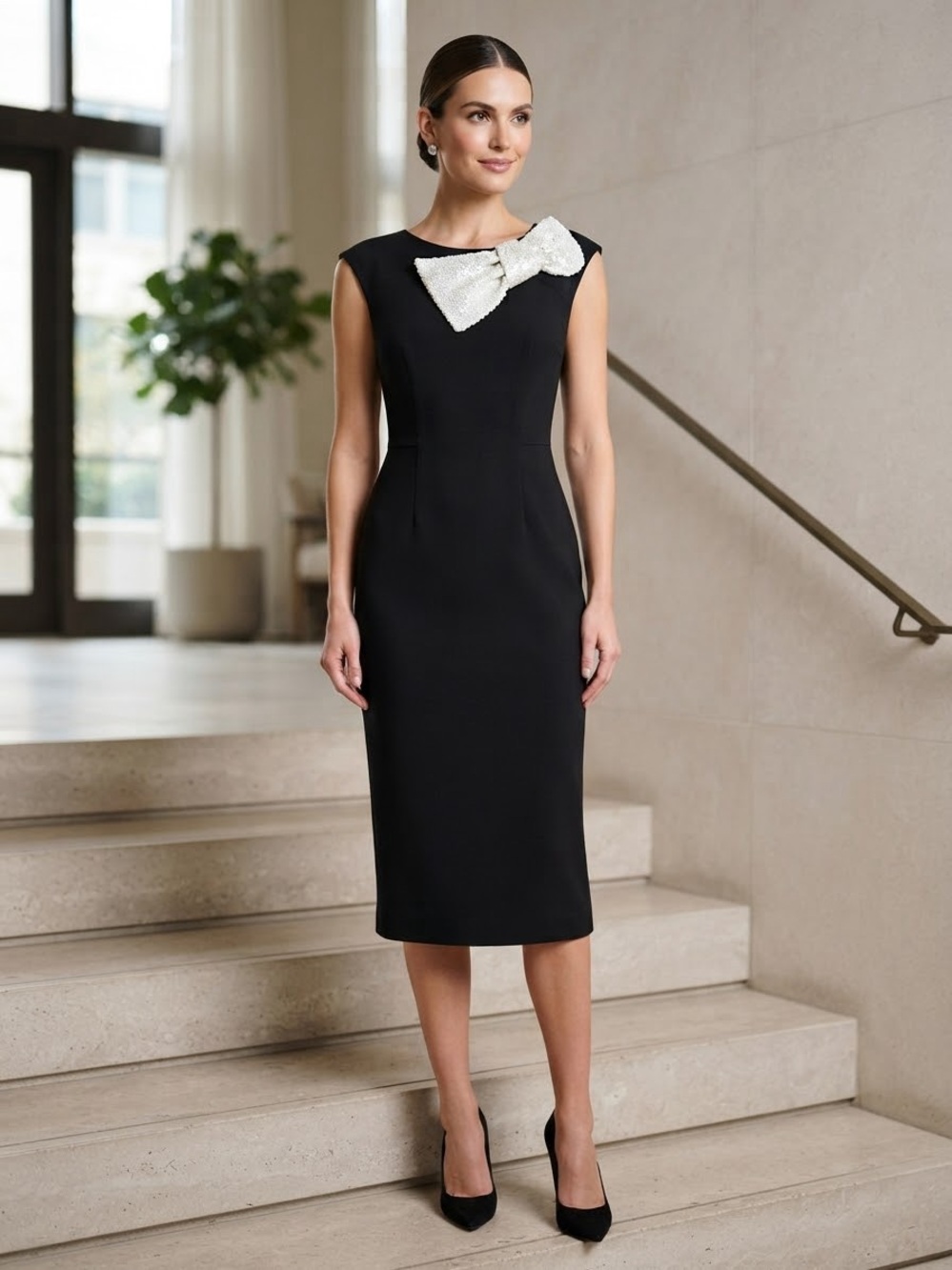 Black Midi Sheath Dress with White Bow Accent